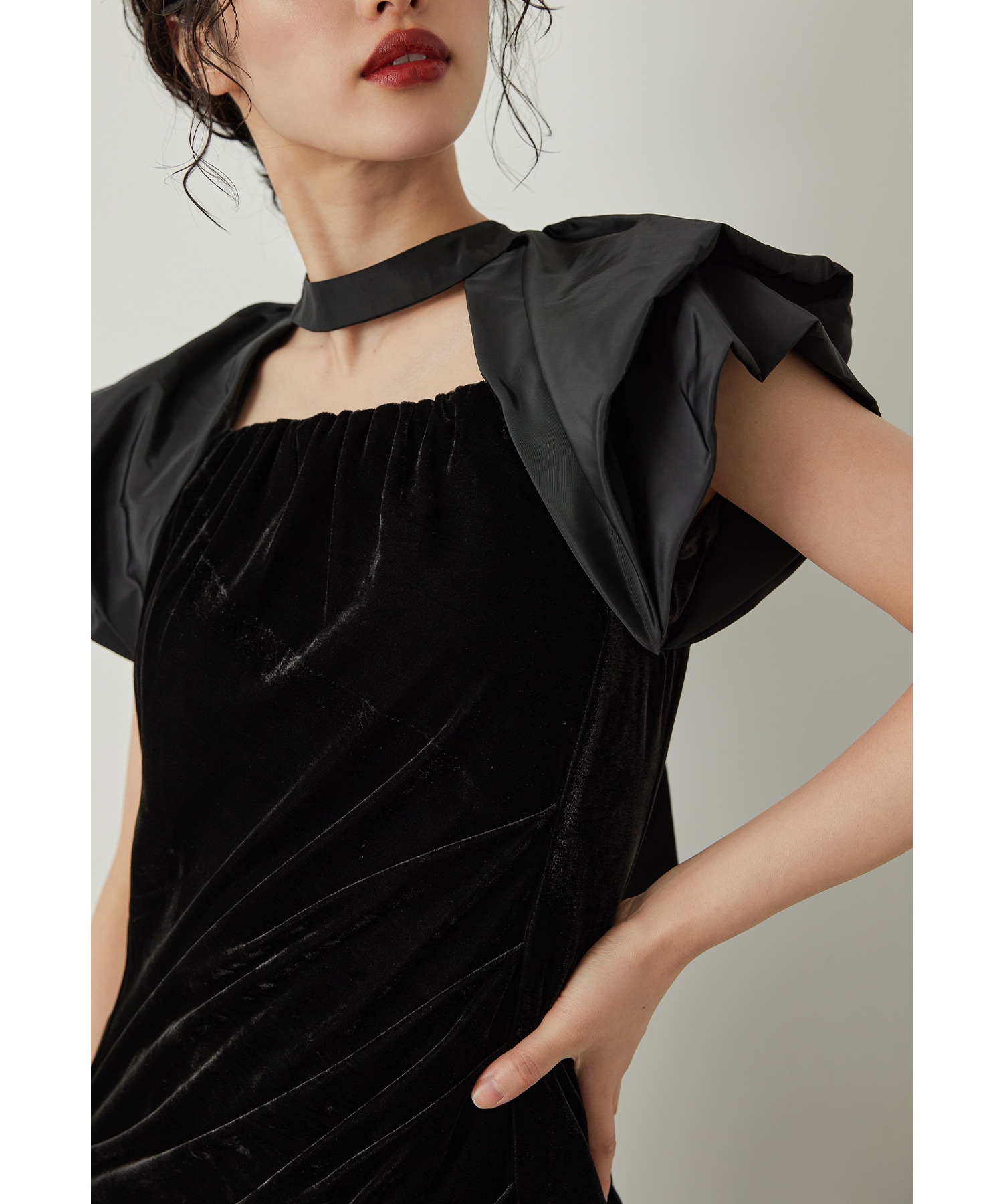 ドレープベロアドレス パーティードレス 結婚式 バルーンスリーブ ドット Iライン タイト お呼ばれ パーティー 二次会 披露宴 謝恩会 成人式 同窓会 卒業式 デート ディナー フォーマル