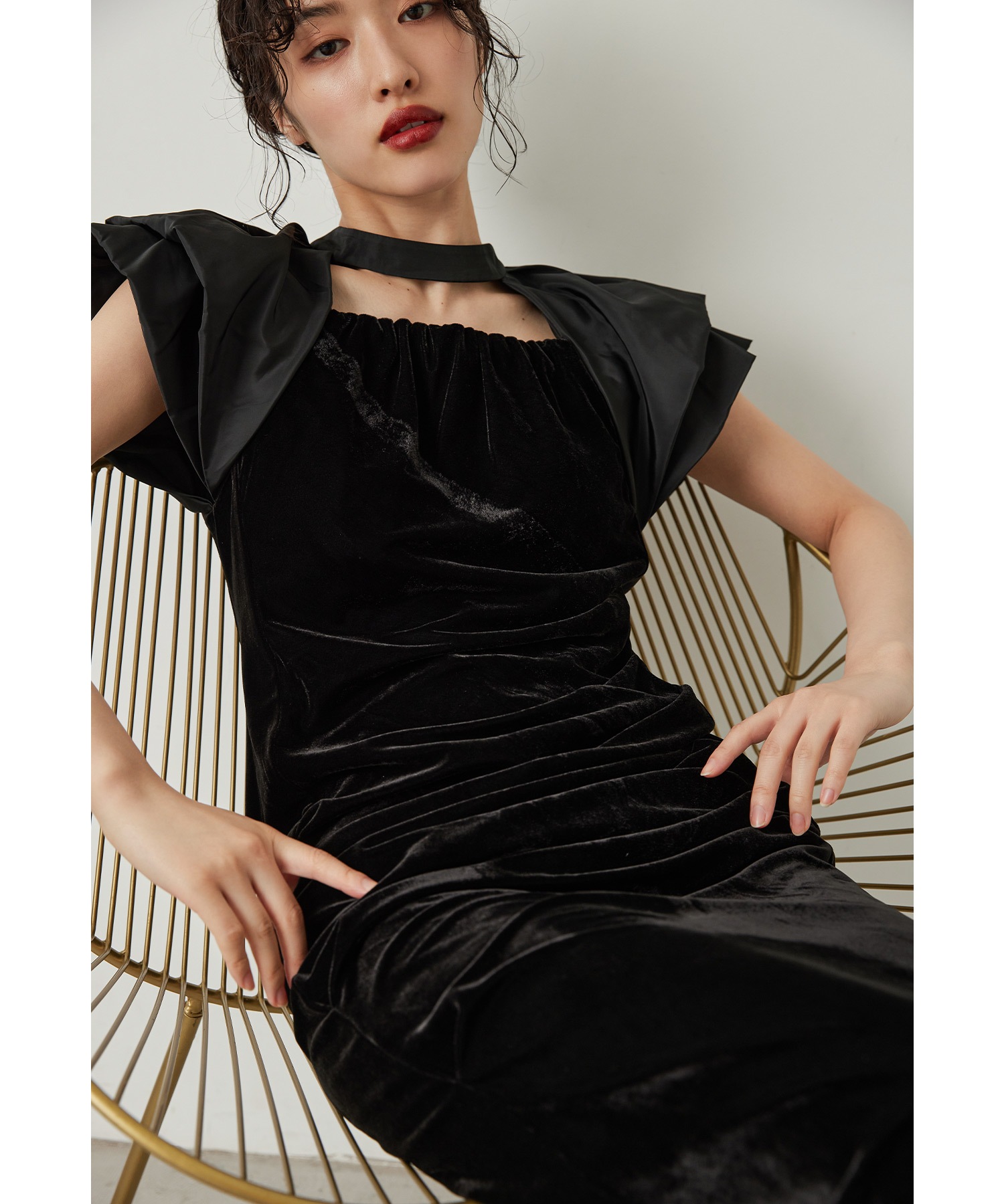 ドレープベロアドレス パーティードレス 結婚式 バルーンスリーブ ドット Iライン タイト お呼ばれ パーティー 二次会 披露宴 謝恩会 成人式 同窓会 卒業式 デート ディナー フォーマル