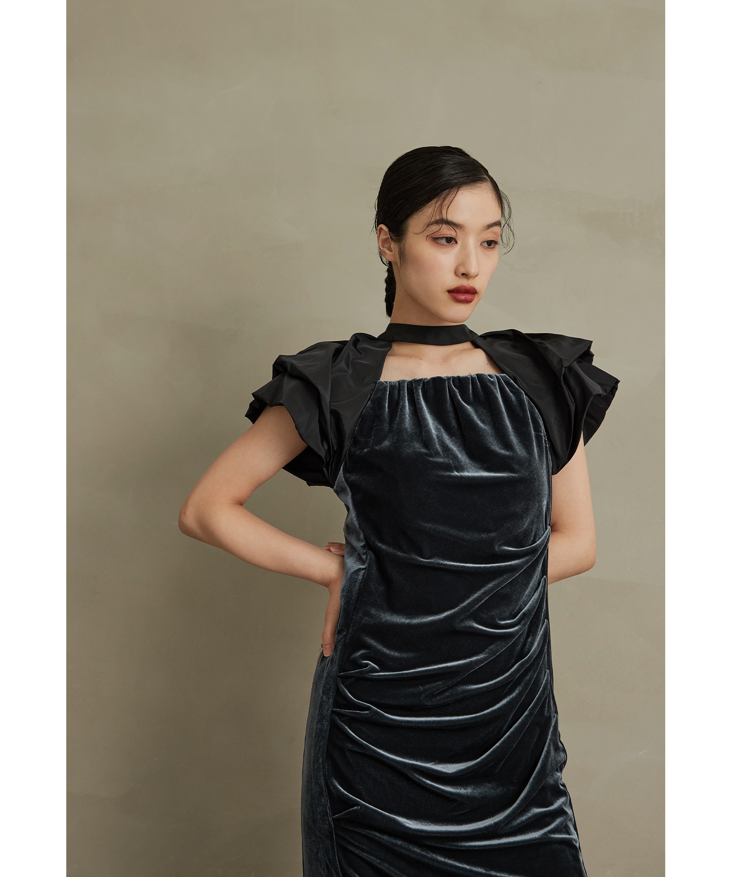 ドレープベロアドレス パーティードレス 結婚式 バルーンスリーブ ドット Iライン タイト お呼ばれ パーティー 二次会 披露宴 謝恩会 成人式 同窓会 卒業式 デート ディナー フォーマル