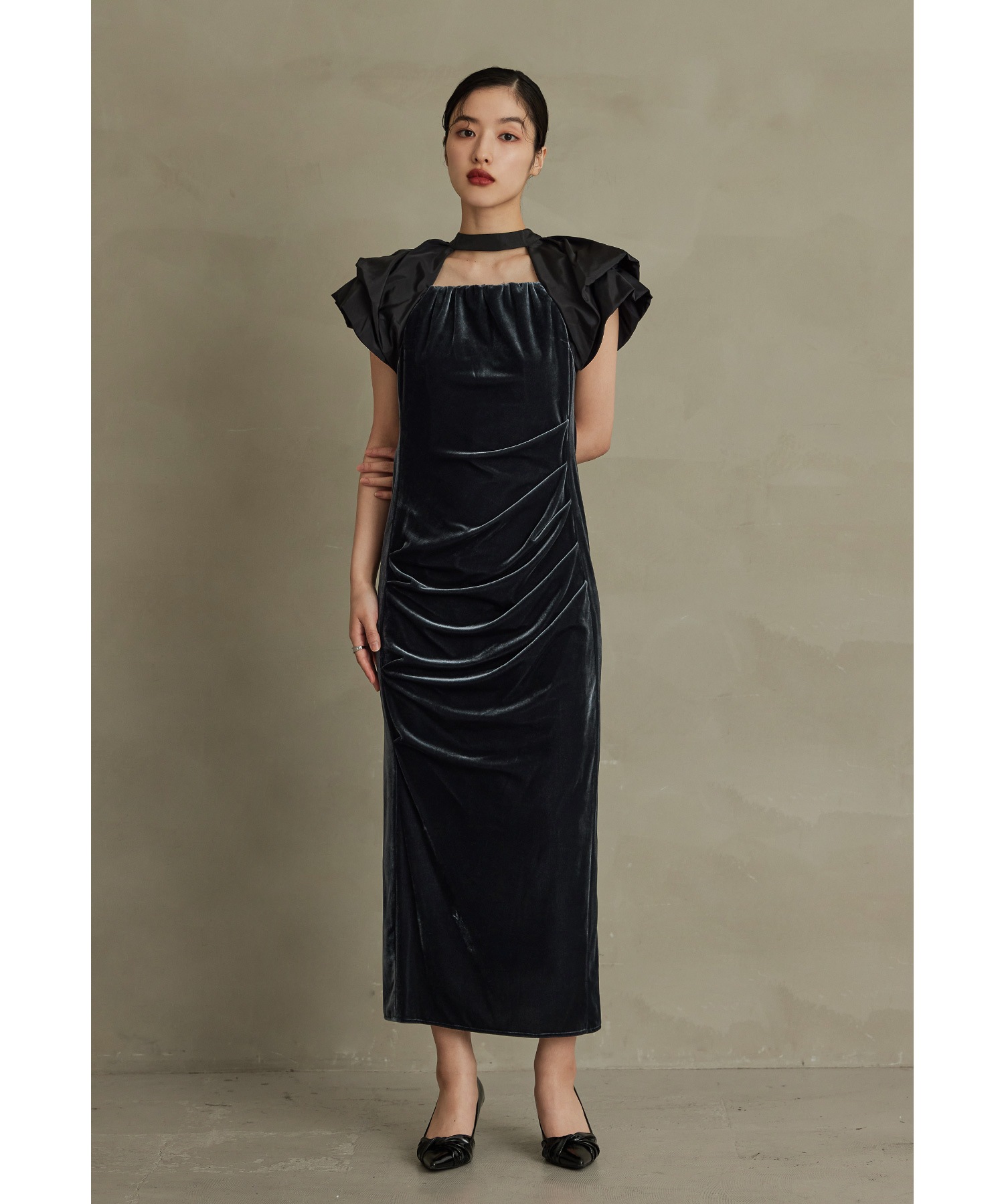 ドレープベロアドレス パーティードレス 結婚式 バルーンスリーブ ドット Iライン タイト お呼ばれ パーティー 二次会 披露宴 謝恩会 成人式 同窓会 卒業式 デート ディナー フォーマル