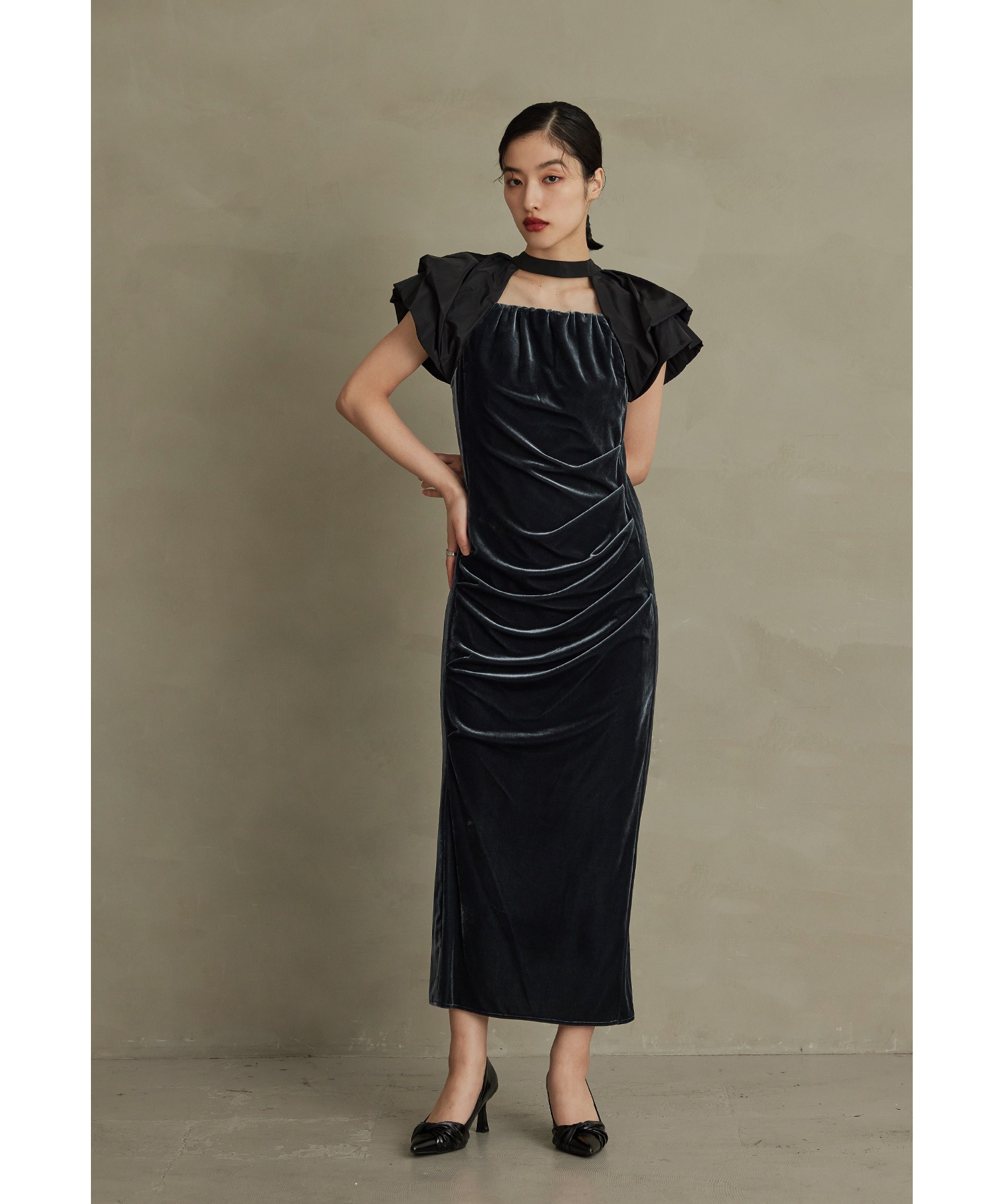 ドレープベロアドレス パーティードレス 結婚式 バルーンスリーブ ドット Iライン タイト お呼ばれ パーティー 二次会 披露宴 謝恩会 成人式 同窓会 卒業式 デート ディナー フォーマル