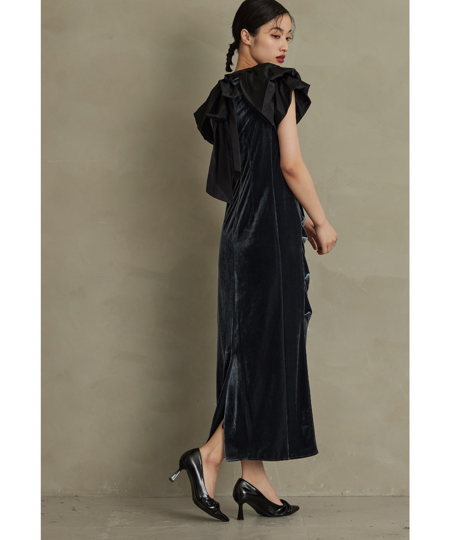 ドレープベロアドレス パーティードレス 結婚式 バルーンスリーブ ドット Iライン タイト お呼ばれ パーティー 二次会 披露宴 謝恩会 成人式 同窓会 卒業式 デート ディナー フォーマル