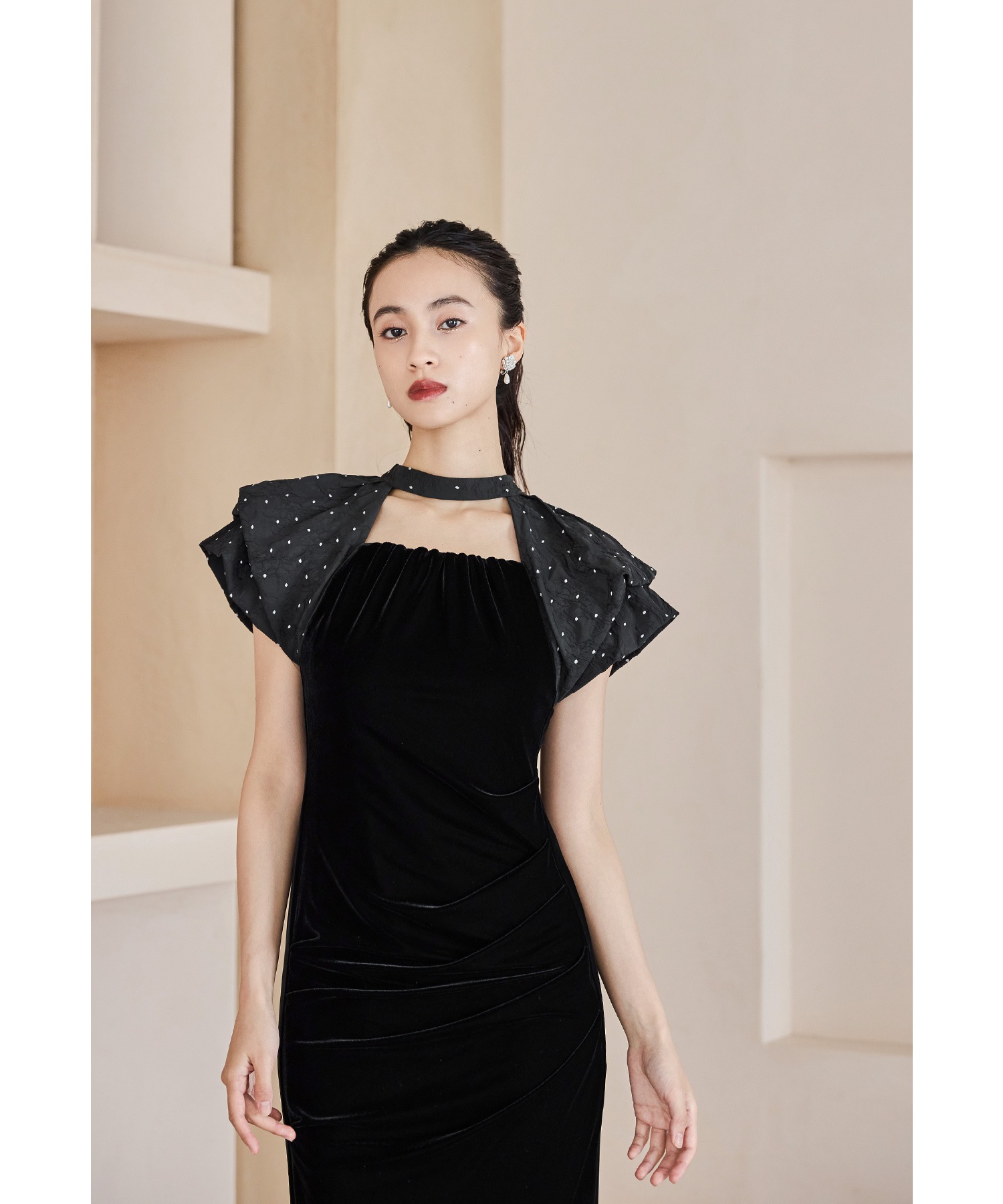 ドレープベロアドレス パーティードレス 結婚式 バルーンスリーブ ドット Iライン タイト お呼ばれ パーティー 二次会 披露宴 謝恩会 成人式 同窓会 卒業式 デート ディナー フォーマル