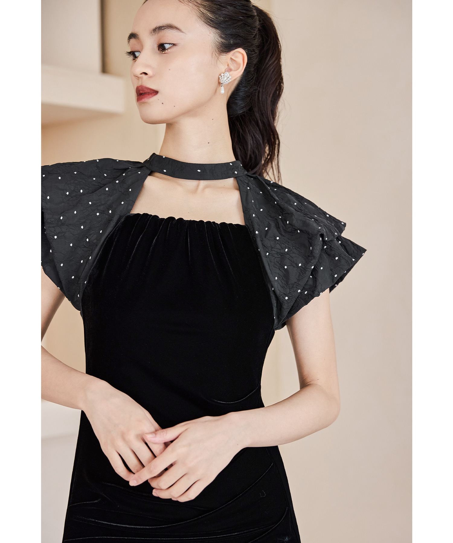 ドレープベロアドレス パーティードレス 結婚式 バルーンスリーブ ドット Iライン タイト お呼ばれ パーティー 二次会 披露宴 謝恩会 成人式 同窓会 卒業式 デート ディナー フォーマル