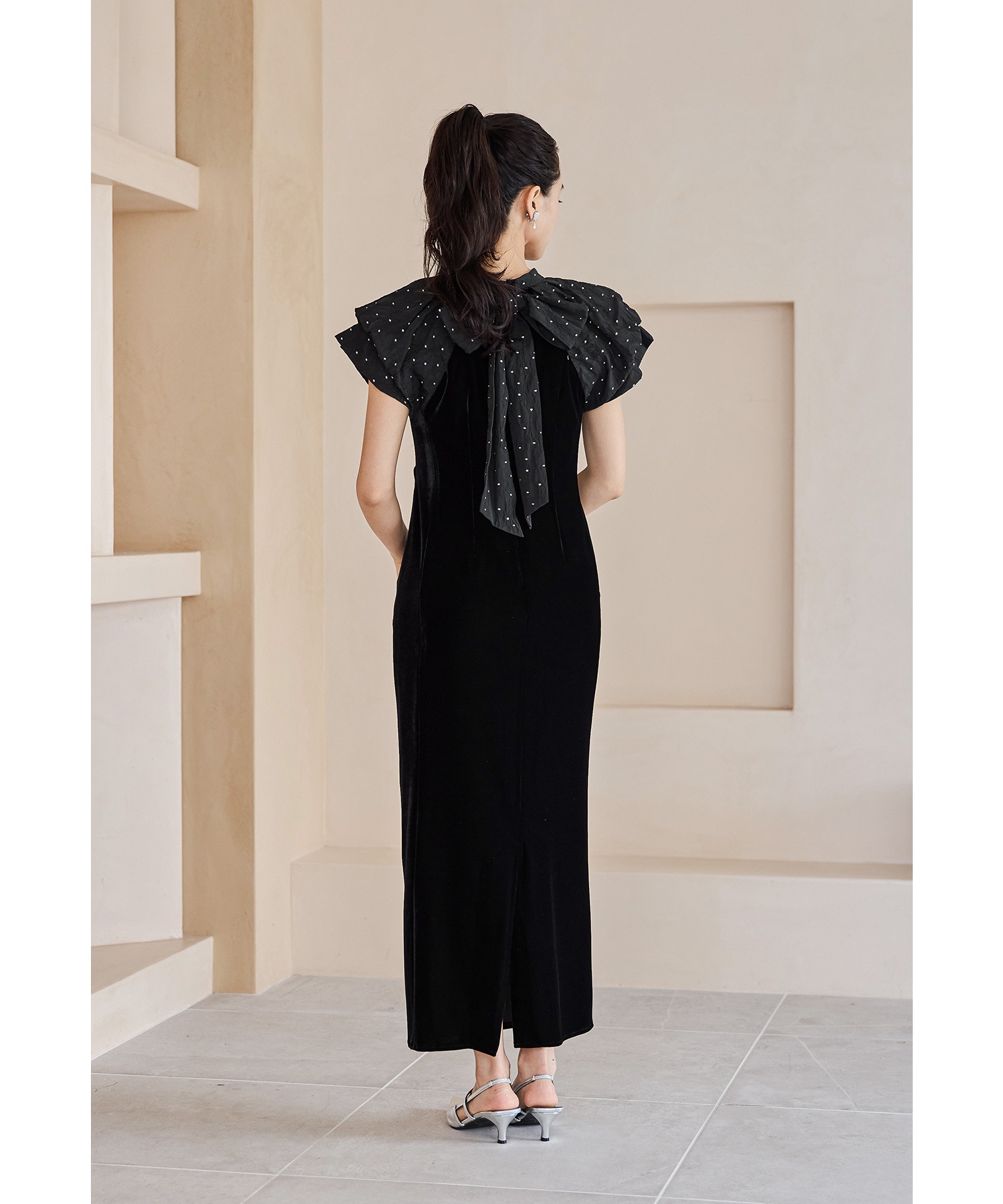 ドレープベロアドレス パーティードレス 結婚式 バルーンスリーブ ドット Iライン タイト お呼ばれ パーティー 二次会 披露宴 謝恩会 成人式 同窓会 卒業式 デート ディナー フォーマル