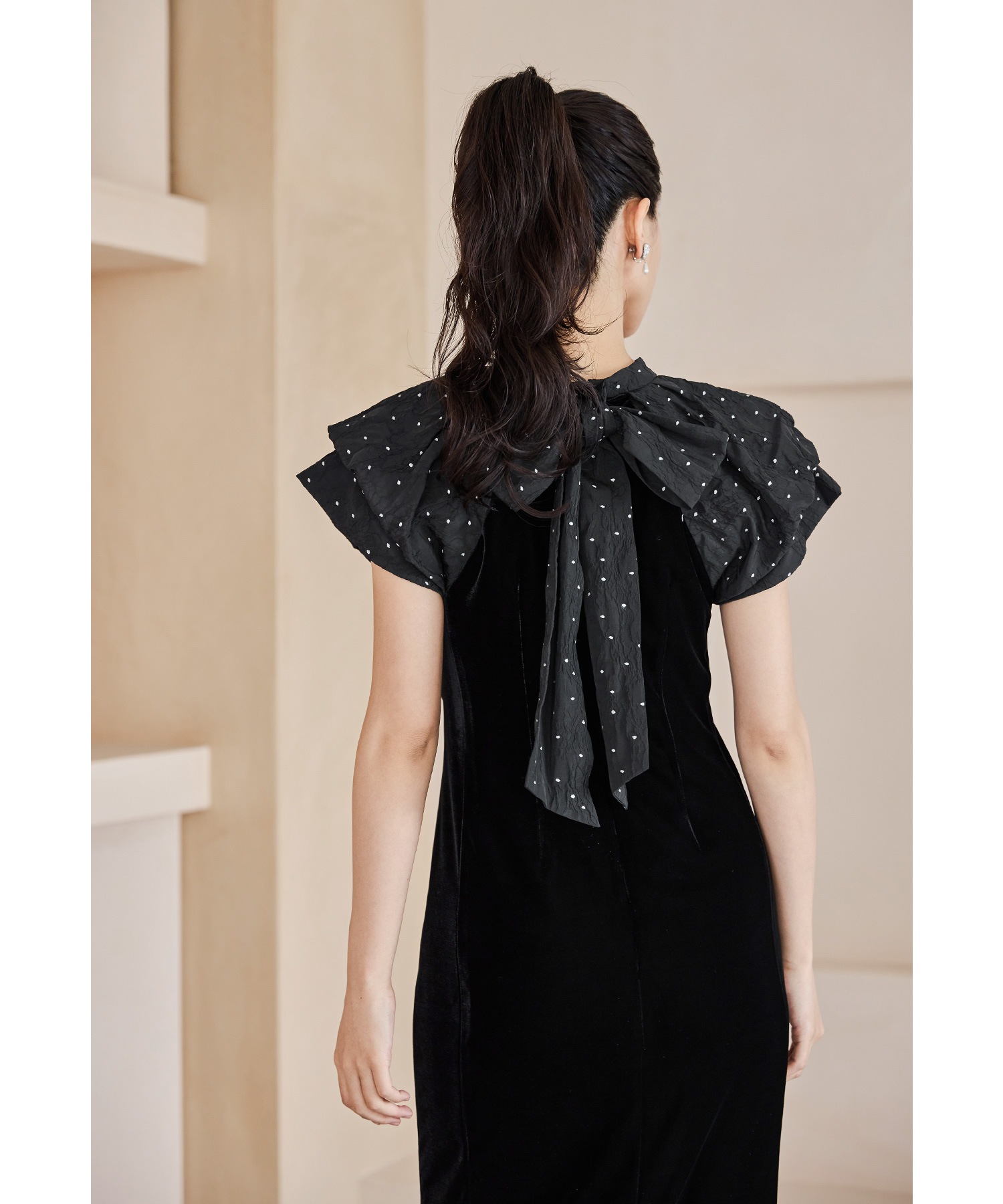 ドレープベロアドレス パーティードレス 結婚式 バルーンスリーブ ドット Iライン タイト お呼ばれ パーティー 二次会 披露宴 謝恩会 成人式 同窓会 卒業式 デート ディナー フォーマル