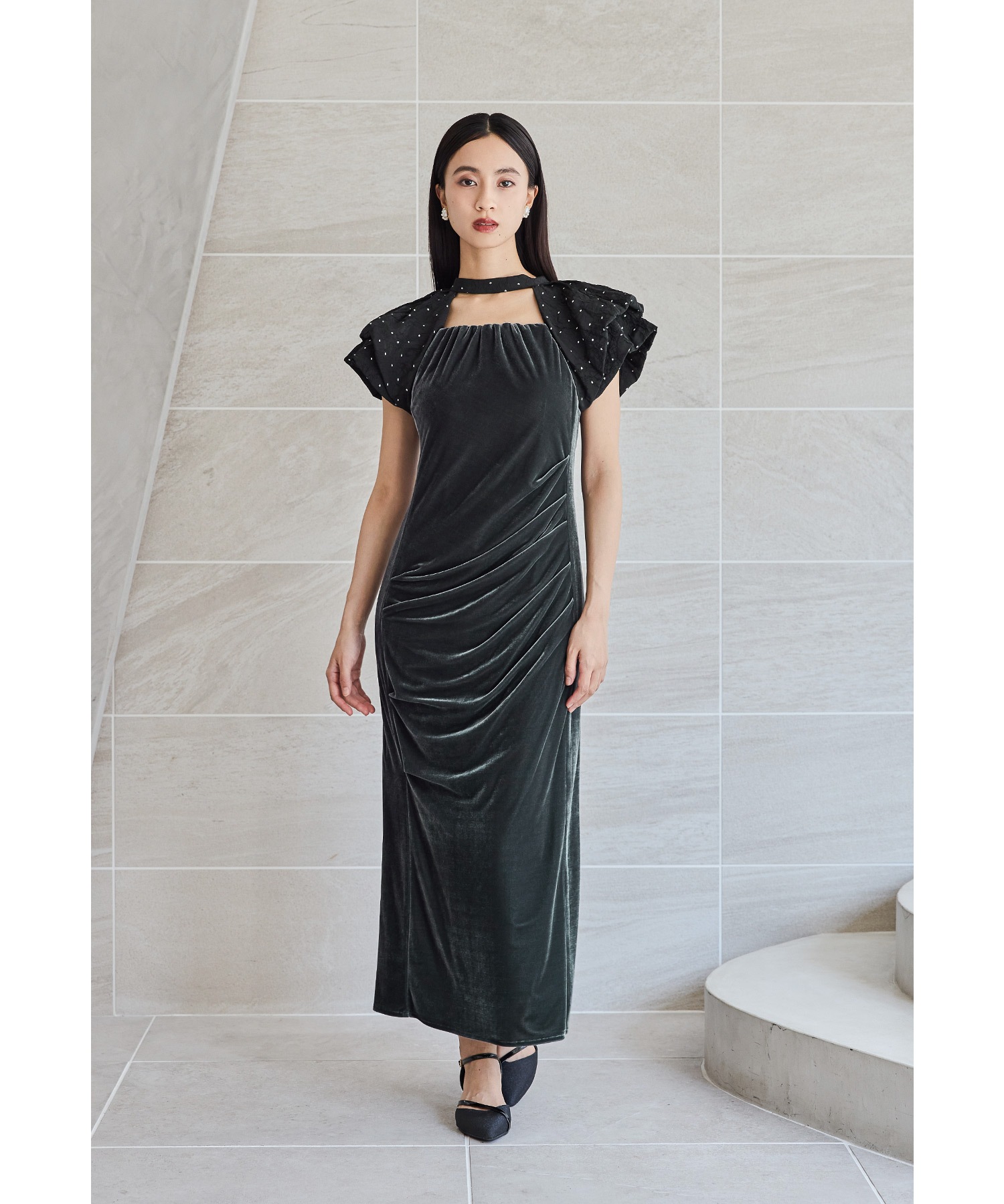 ドレープベロアドレス パーティードレス 結婚式 バルーンスリーブ ドット Iライン タイト お呼ばれ パーティー 二次会 披露宴 謝恩会 成人式 同窓会 卒業式 デート ディナー フォーマル