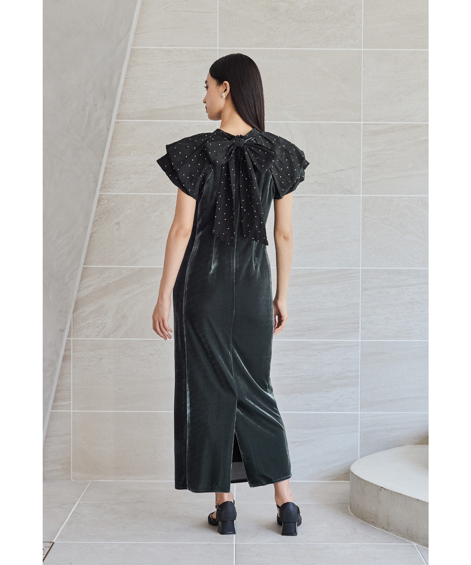 ドレープベロアドレス パーティードレス 結婚式 バルーンスリーブ ドット Iライン タイト お呼ばれ パーティー 二次会 披露宴 謝恩会 成人式 同窓会 卒業式 デート ディナー フォーマル