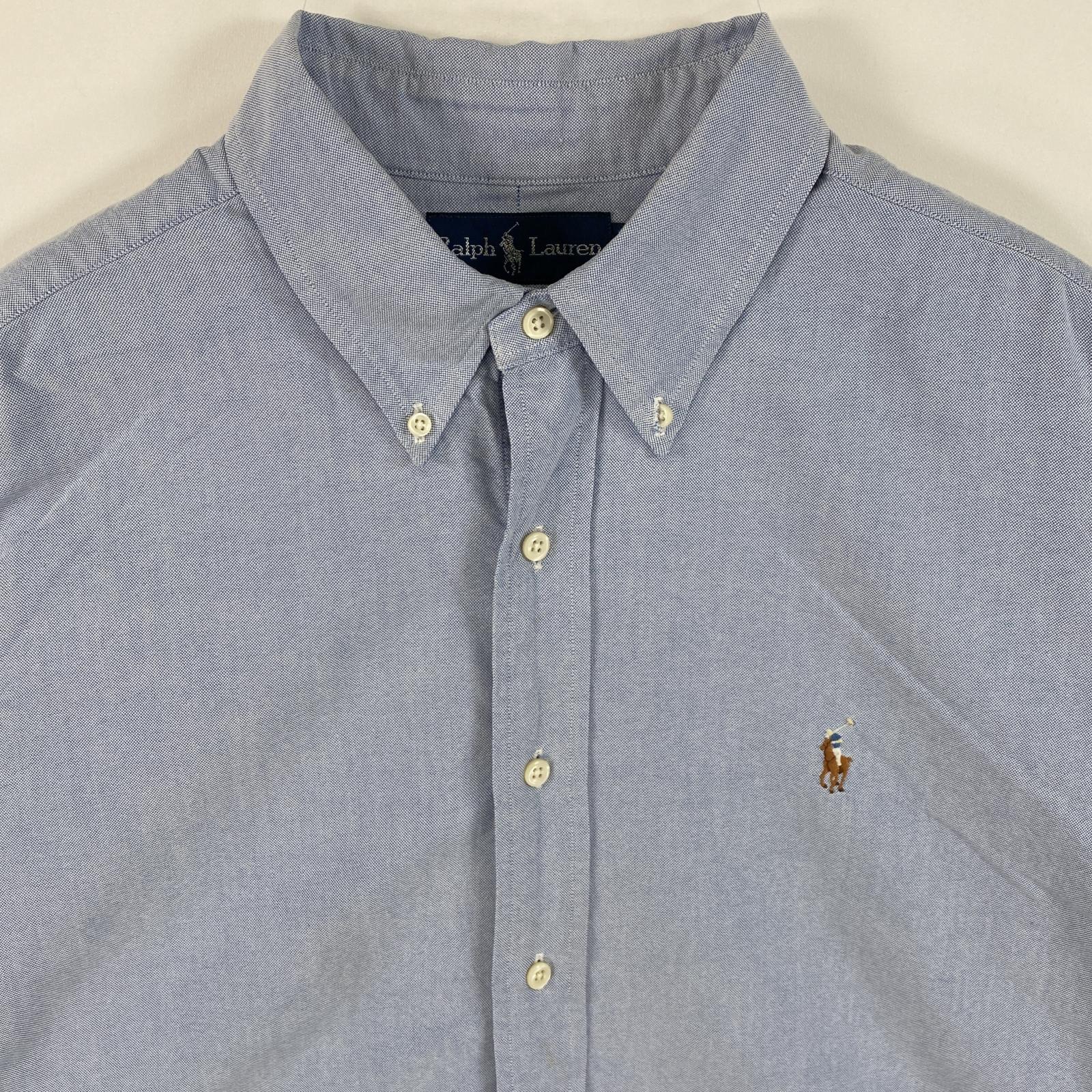 古着 90s/90年代 半袖シャツ ボタンダウン ワンポイントロゴ刺繍 ビックサイズ XL ブルー系 無地 メンズ