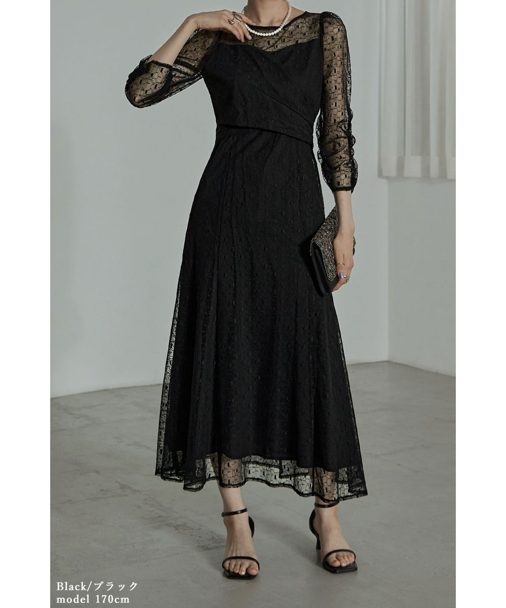 カシュクールデザインフレアドレス ワンピース ワンピ ドレス 七分袖 ロング マキシ丈 レース 幾何学柄 カシュクール バックリボン オケワンピ クルーネック フレア シアー 結婚式 二次会