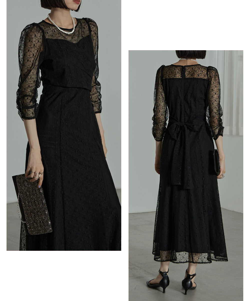 カシュクールデザインフレアドレス ワンピース ワンピ ドレス 七分袖 ロング マキシ丈 レース 幾何学柄 カシュクール バックリボン オケワンピ クルーネック フレア シアー 結婚式 二次会