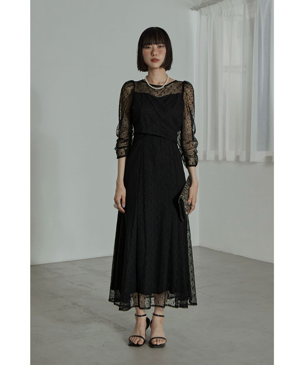 カシュクールデザインフレアドレス ワンピース ワンピ ドレス 七分袖 ロング マキシ丈 レース 幾何学柄 カシュクール バックリボン オケワンピ クルーネック フレア シアー 結婚式 二次会