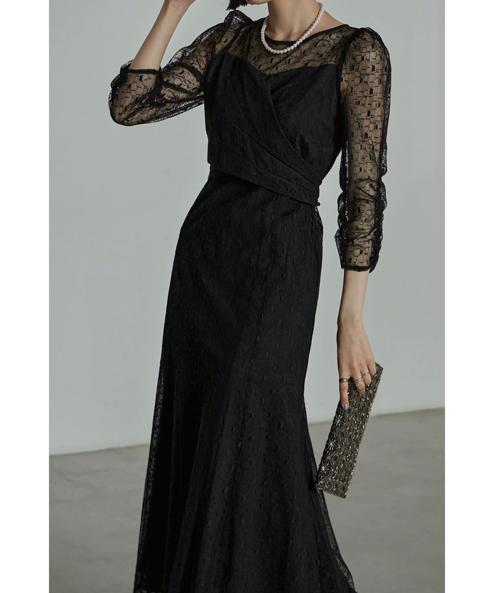 カシュクールデザインフレアドレス ワンピース ワンピ ドレス 七分袖 ロング マキシ丈 レース 幾何学柄 カシュクール バックリボン オケワンピ クルーネック フレア シアー 結婚式 二次会