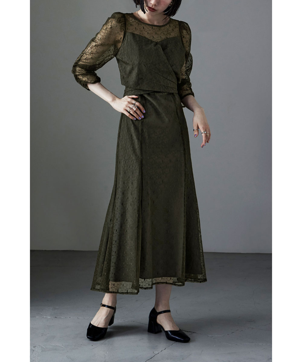 カシュクールデザインフレアドレス ワンピース ワンピ ドレス 七分袖 ロング マキシ丈 レース 幾何学柄 カシュクール バックリボン オケワンピ クルーネック フレア シアー 結婚式 二次会