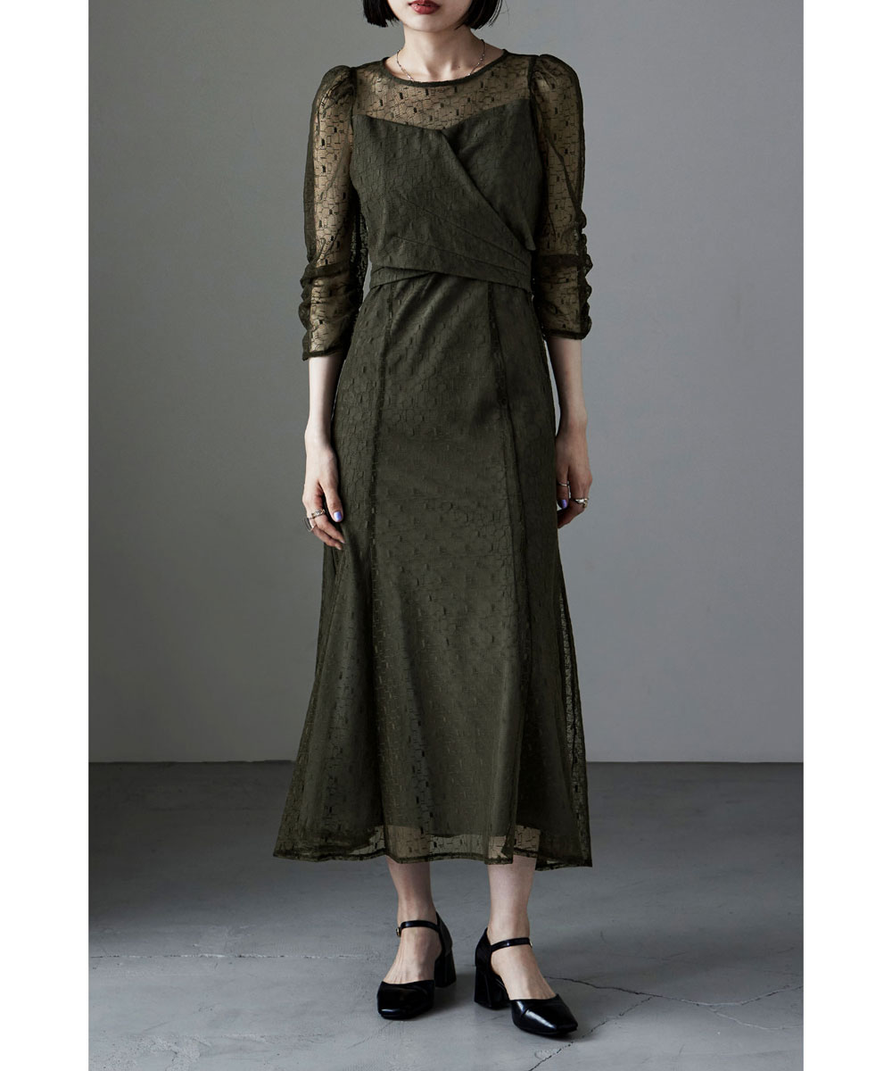 カシュクールデザインフレアドレス ワンピース ワンピ ドレス 七分袖 ロング マキシ丈 レース 幾何学柄 カシュクール バックリボン オケワンピ クルーネック フレア シアー 結婚式 二次会