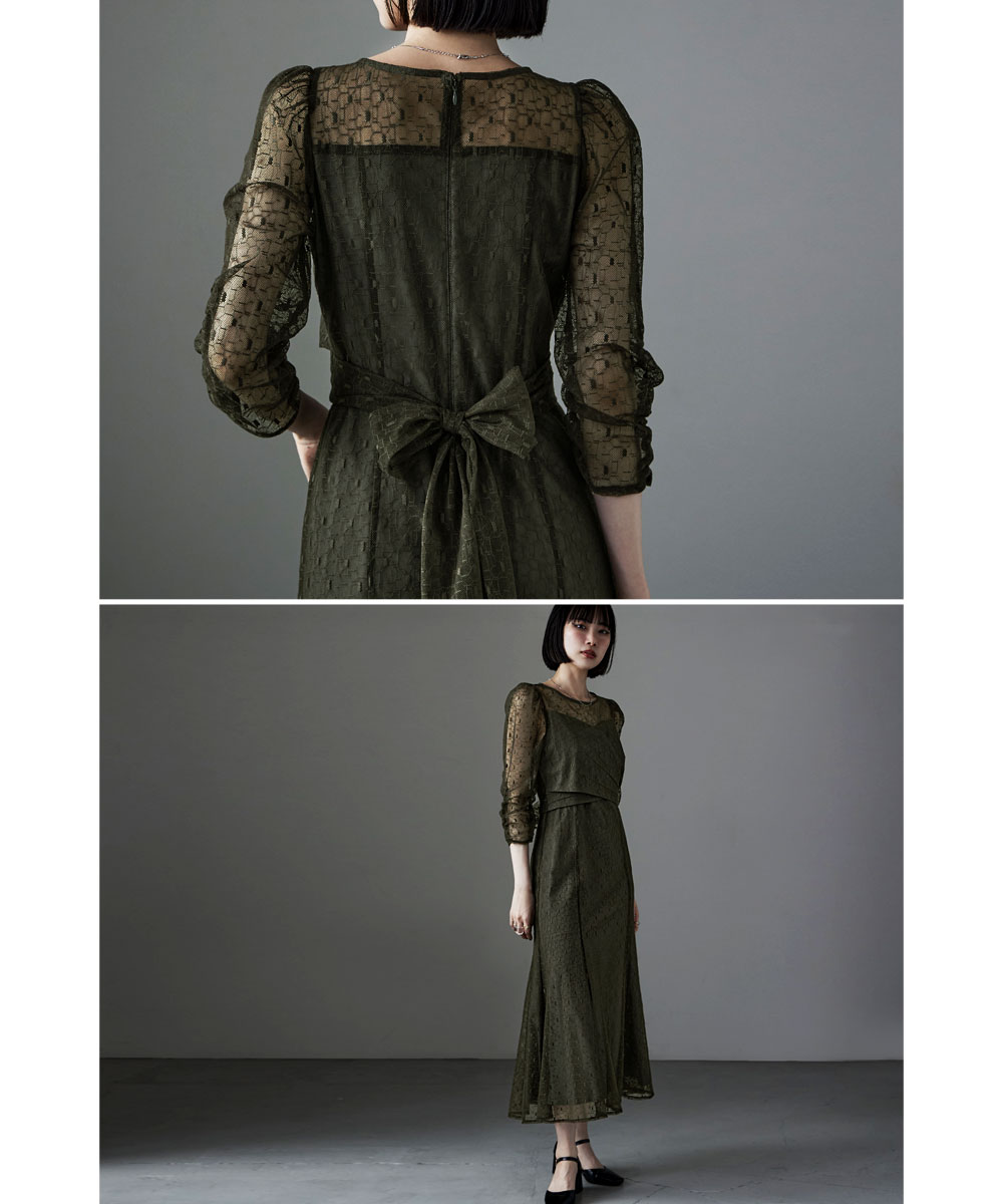 カシュクールデザインフレアドレス ワンピース ワンピ ドレス 七分袖 ロング マキシ丈 レース 幾何学柄 カシュクール バックリボン オケワンピ クルーネック フレア シアー 結婚式 二次会