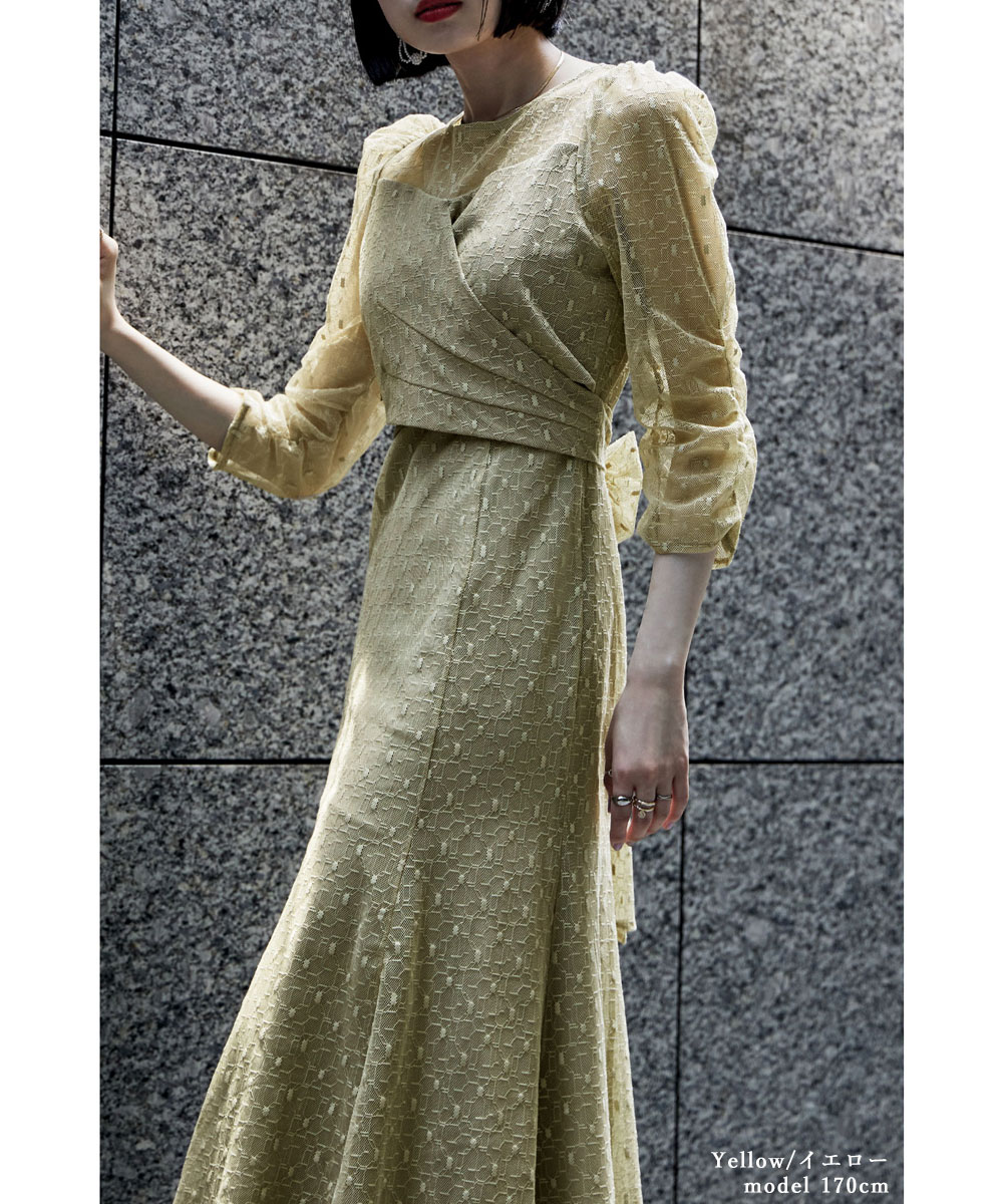 カシュクールデザインフレアドレス ワンピース ワンピ ドレス 七分袖 ロング マキシ丈 レース 幾何学柄 カシュクール バックリボン オケワンピ クルーネック フレア シアー 結婚式 二次会