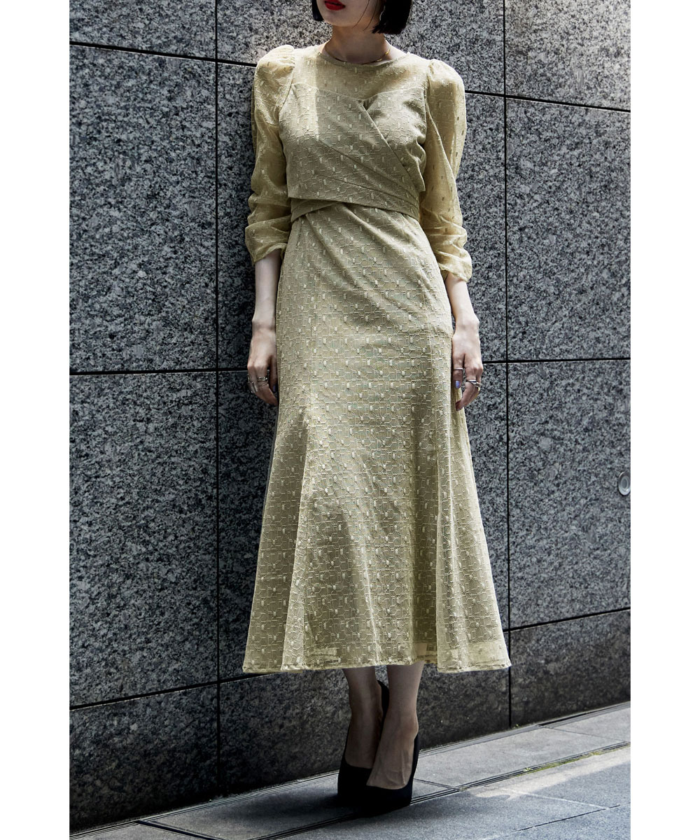 カシュクールデザインフレアドレス ワンピース ワンピ ドレス 七分袖 ロング マキシ丈 レース 幾何学柄 カシュクール バックリボン オケワンピ クルーネック フレア シアー 結婚式 二次会