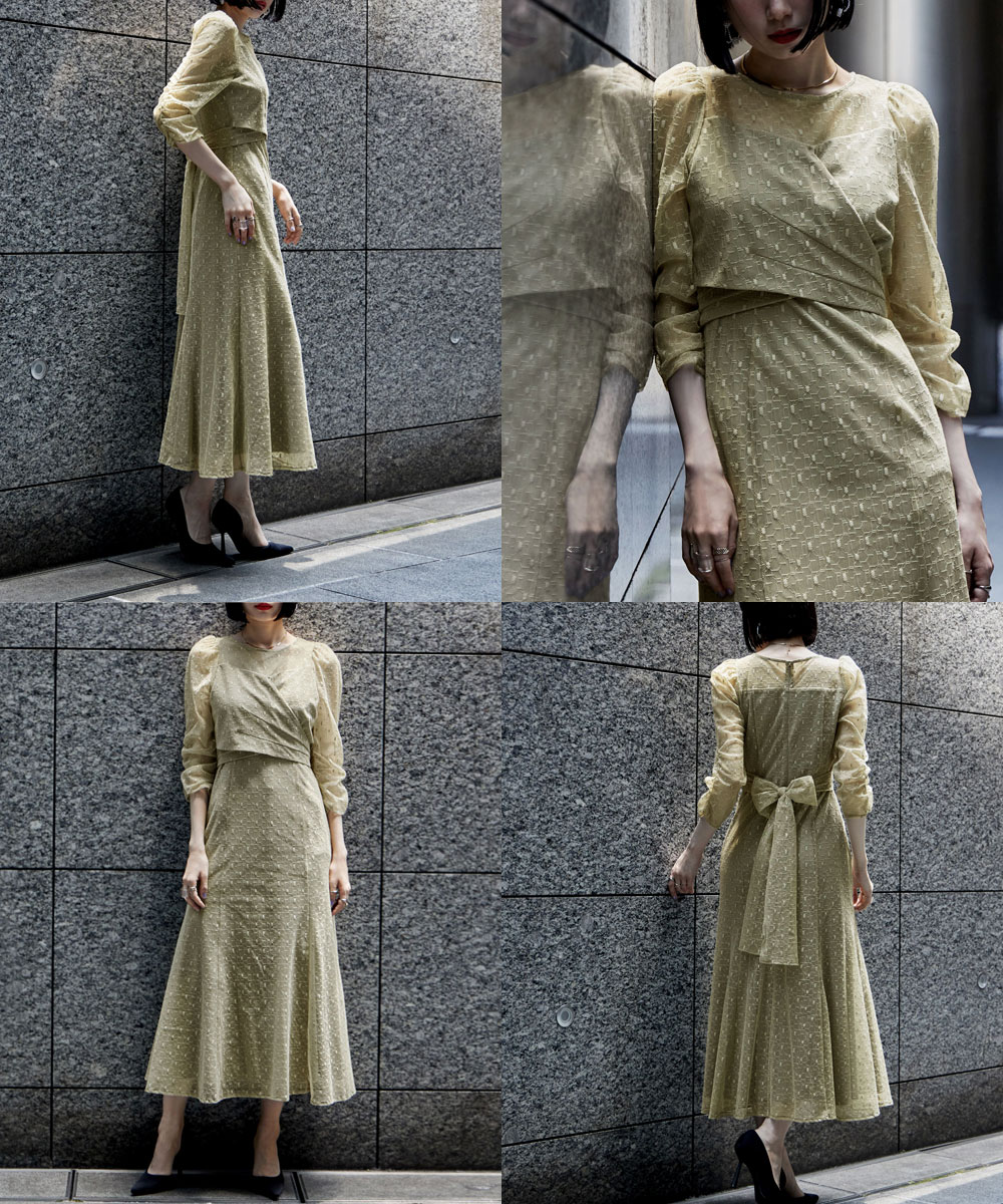 カシュクールデザインフレアドレス ワンピース ワンピ ドレス 七分袖 ロング マキシ丈 レース 幾何学柄 カシュクール バックリボン オケワンピ クルーネック フレア シアー 結婚式 二次会