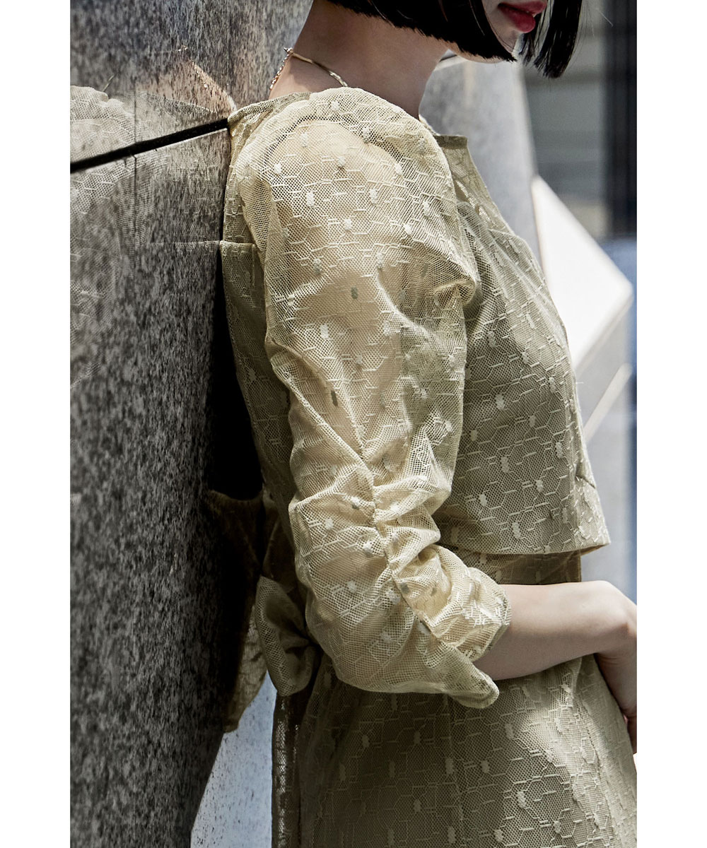 カシュクールデザインフレアドレス ワンピース ワンピ ドレス 七分袖 ロング マキシ丈 レース 幾何学柄 カシュクール バックリボン オケワンピ クルーネック フレア シアー 結婚式 二次会