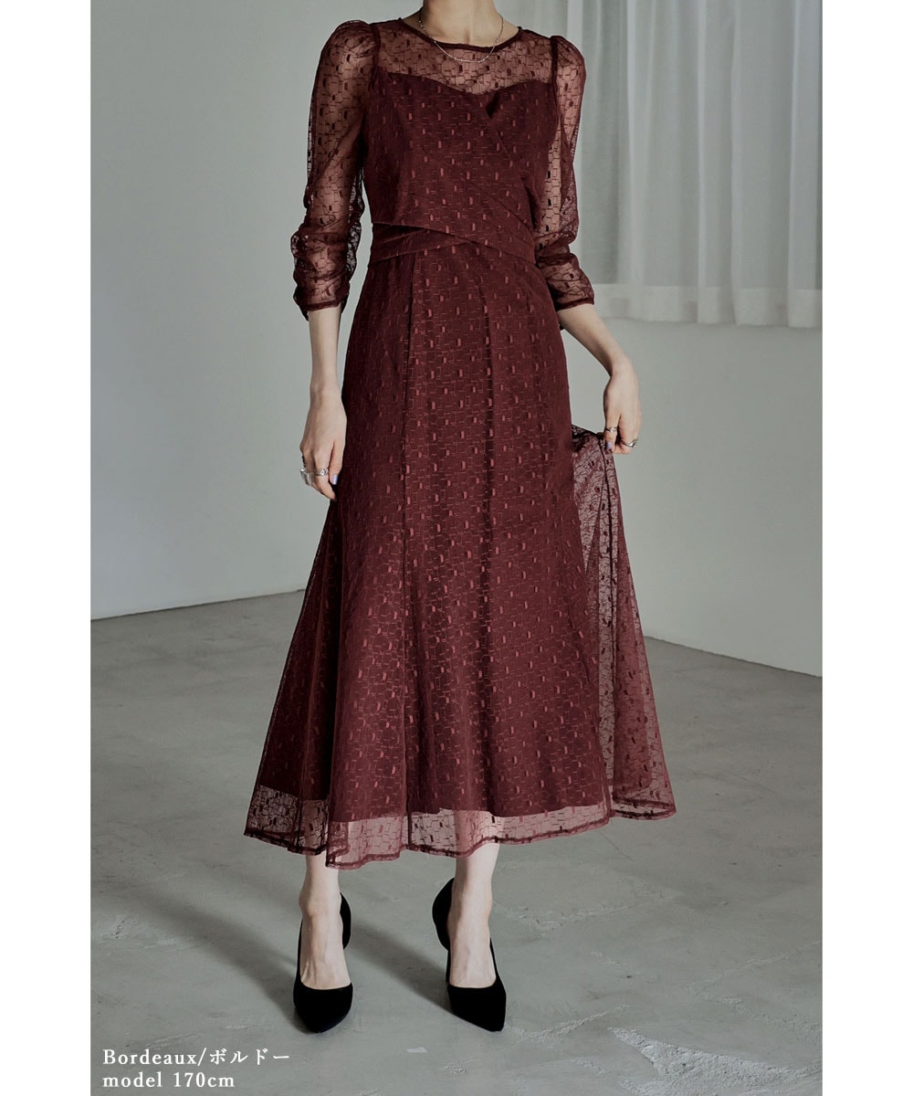 カシュクールデザインフレアドレス ワンピース ワンピ ドレス 七分袖 ロング マキシ丈 レース 幾何学柄 カシュクール バックリボン オケワンピ クルーネック フレア シアー 結婚式 二次会