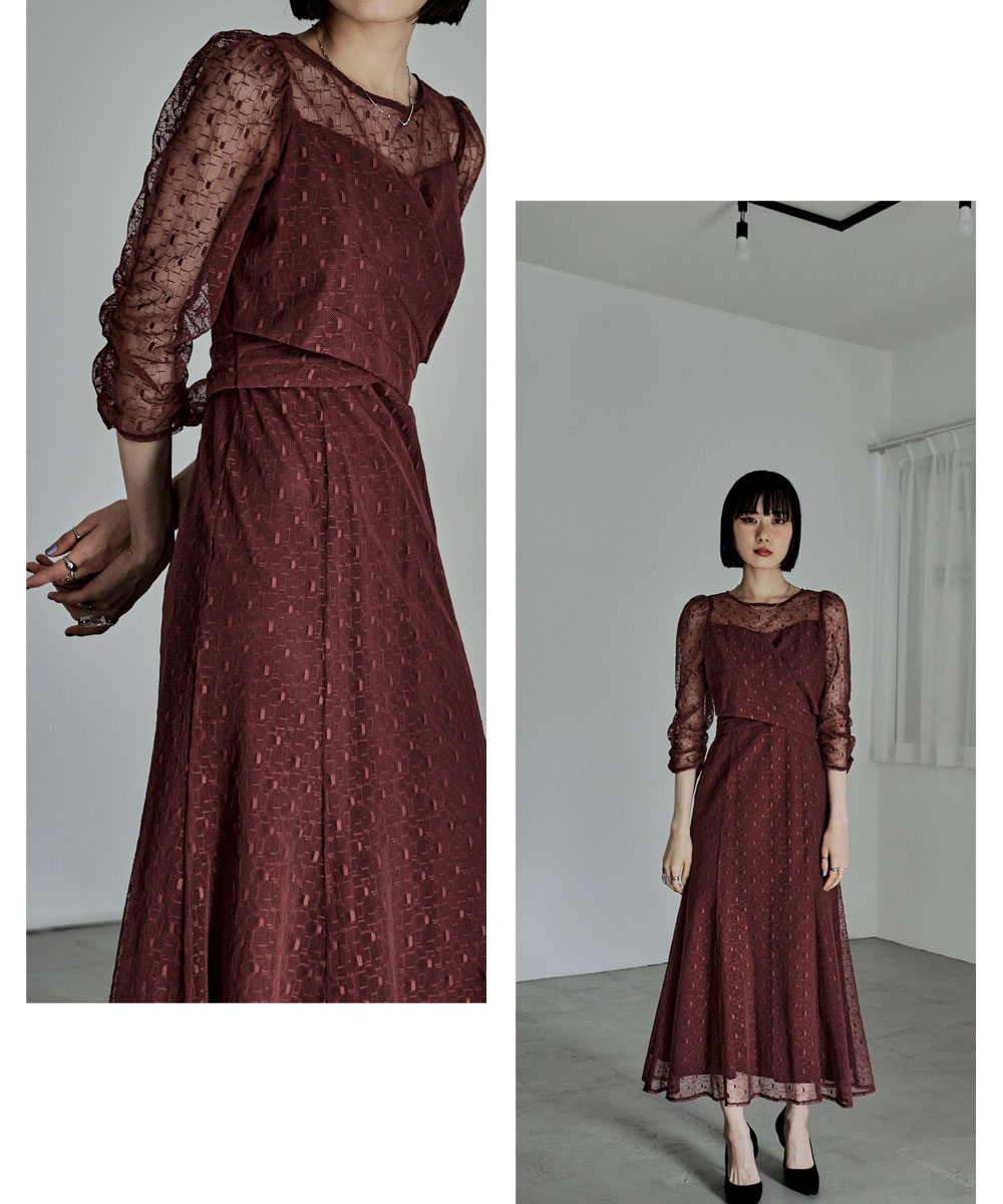 カシュクールデザインフレアドレス ワンピース ワンピ ドレス 七分袖 ロング マキシ丈 レース 幾何学柄 カシュクール バックリボン オケワンピ クルーネック フレア シアー 結婚式 二次会