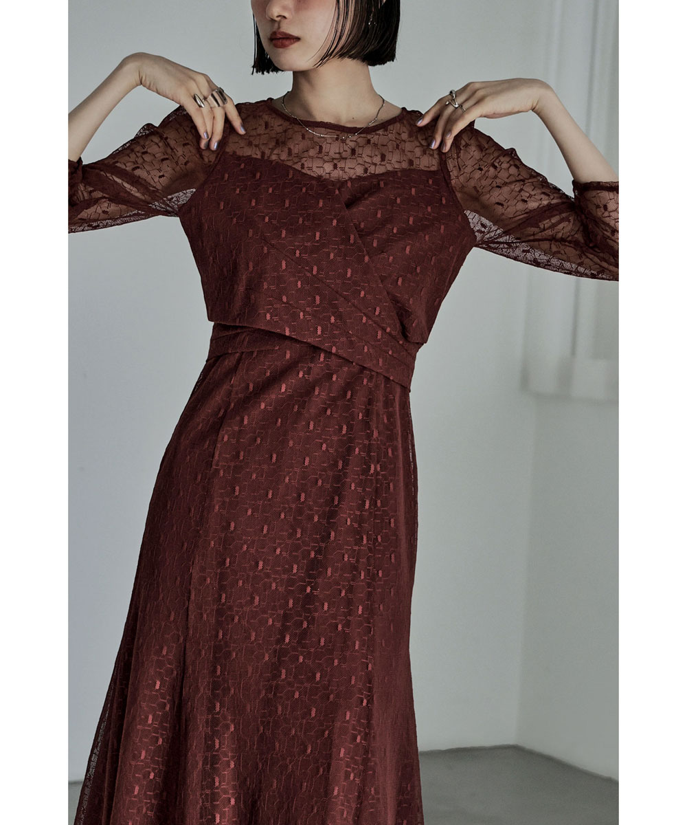 カシュクールデザインフレアドレス ワンピース ワンピ ドレス 七分袖 ロング マキシ丈 レース 幾何学柄 カシュクール バックリボン オケワンピ クルーネック フレア シアー 結婚式 二次会