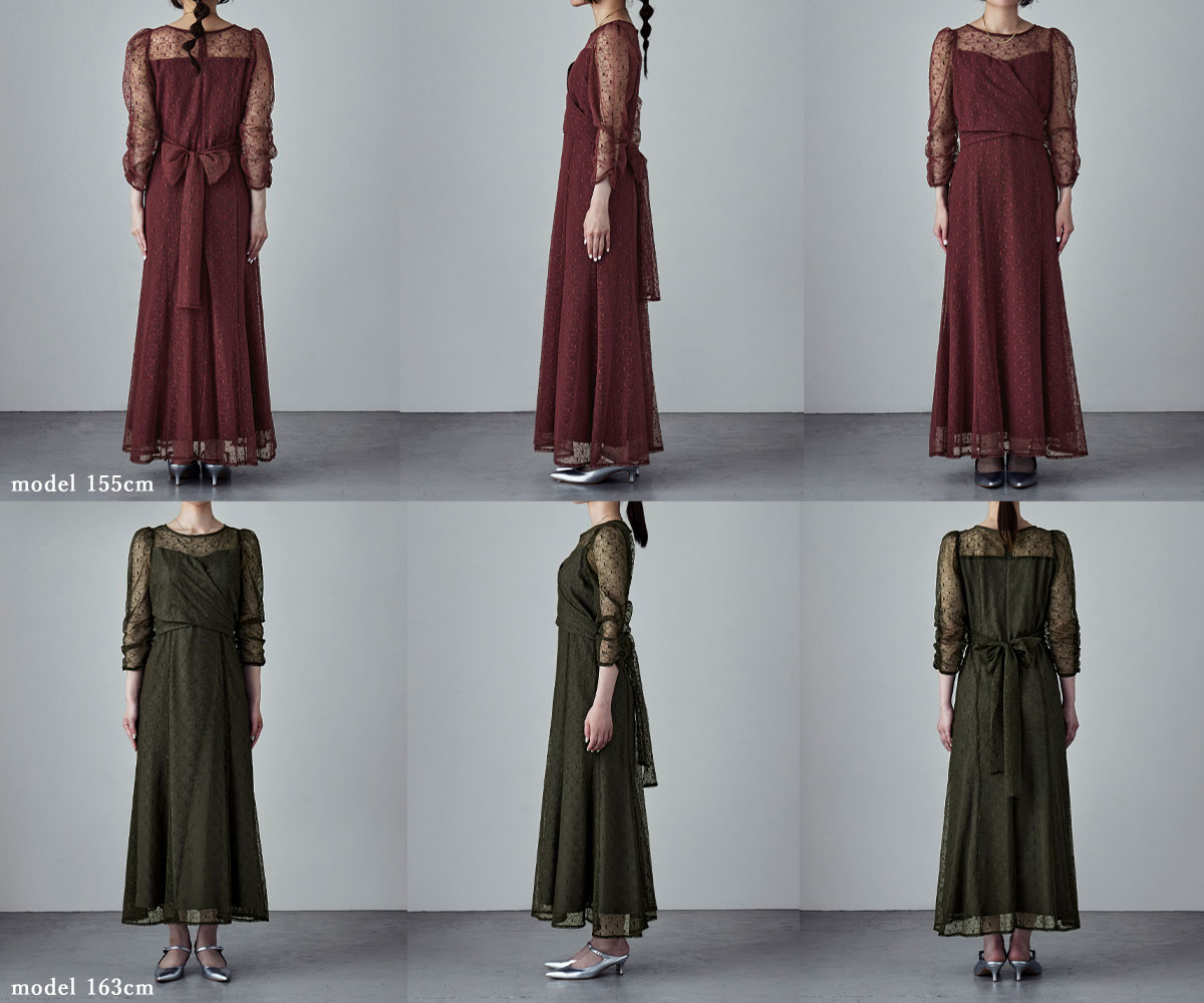 カシュクールデザインフレアドレス ワンピース ワンピ ドレス 七分袖 ロング マキシ丈 レース 幾何学柄 カシュクール バックリボン オケワンピ クルーネック フレア シアー 結婚式 二次会