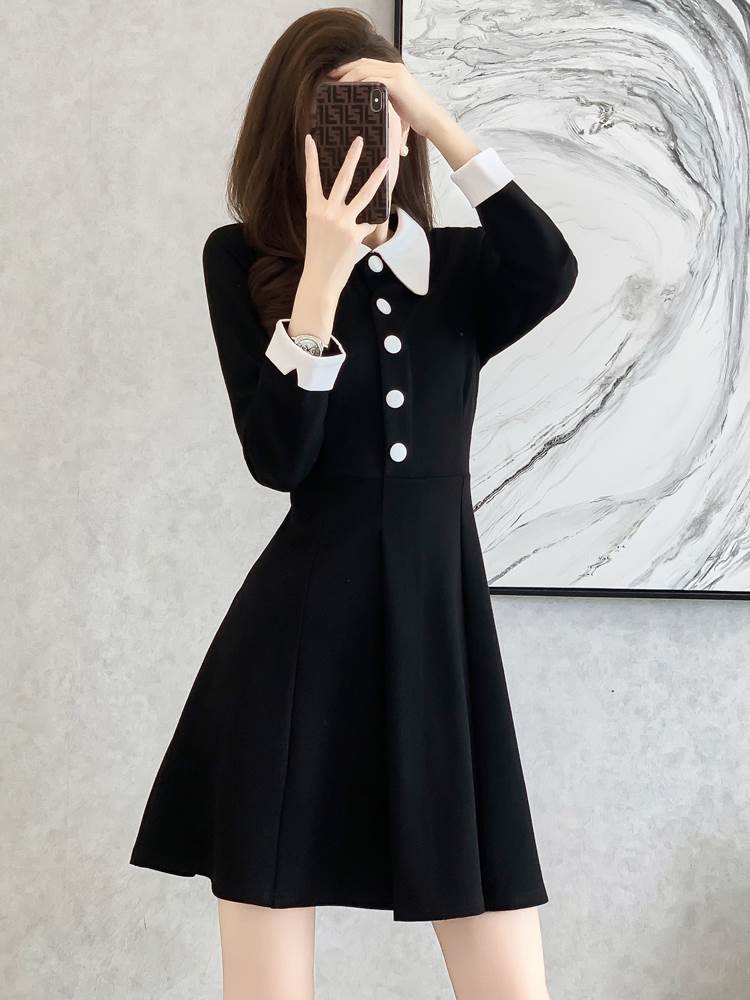 ワンピース ミニ丈 九分袖 襟付き セミフレア 切り替えデザイン ボタン かわいい 大人可愛い きれいめ シンプル 大人 上品 おしゃれ レトロ 大人女子 こなれ感 キュート ガーリー モー