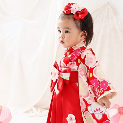 レンタルJAPAN STYLE 袴 1歳 女の子 ひな祭り 雛祭り 衣装赤地にレトロ梅とうさぎ女の子 赤ちゃん ベビー 一歳 着物 衣装 和服 初節句 ハーフバースデー 誕生日 正月 桃の節句