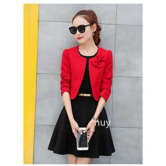 ジャケット ノーカラー レディース 長袖 ボレロ 黒 白 レッド ピンク 蝶結び ジャケット ノーカラー レディース 長袖 ボレロ 黒 白 レッド ピンク 蝶結び