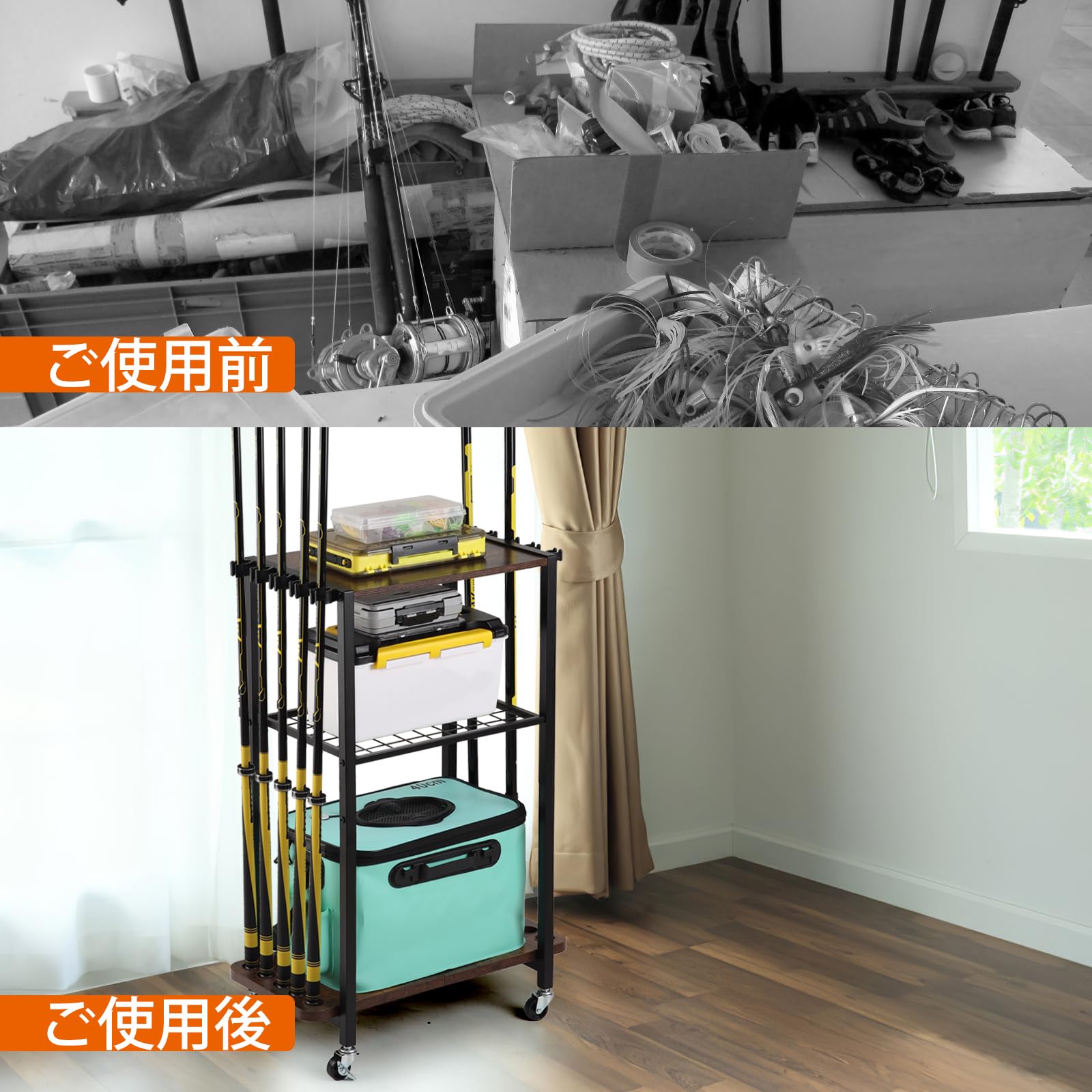 MASTLU ロッドスタンド 釣り竿ラック ロッドホルダー 10本立て 釣り用ロッドスタンド 木製 釣竿収納キャスター付き 3段収納ラック タックルボックス 釣り具 釣り用ケース 収納 釣り竿ディスプ