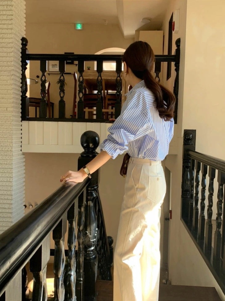 長袖 ストライプ シャツ レディース 春 秋 トップス 羽織り ライトアウター ボーイズライク シャツブラウス 開襟 開襟シャツ ブルー 青 カジュアル きれいめ シンプル 韓国ファッション 長袖 ストライプ シャツ レディース 春 秋 トップス 羽織り ライトアウター ボーイズライク シャツブラウス 開襟 開襟シャツ ブルー 青 カジュアル きれいめ シンプル 韓国ファッション