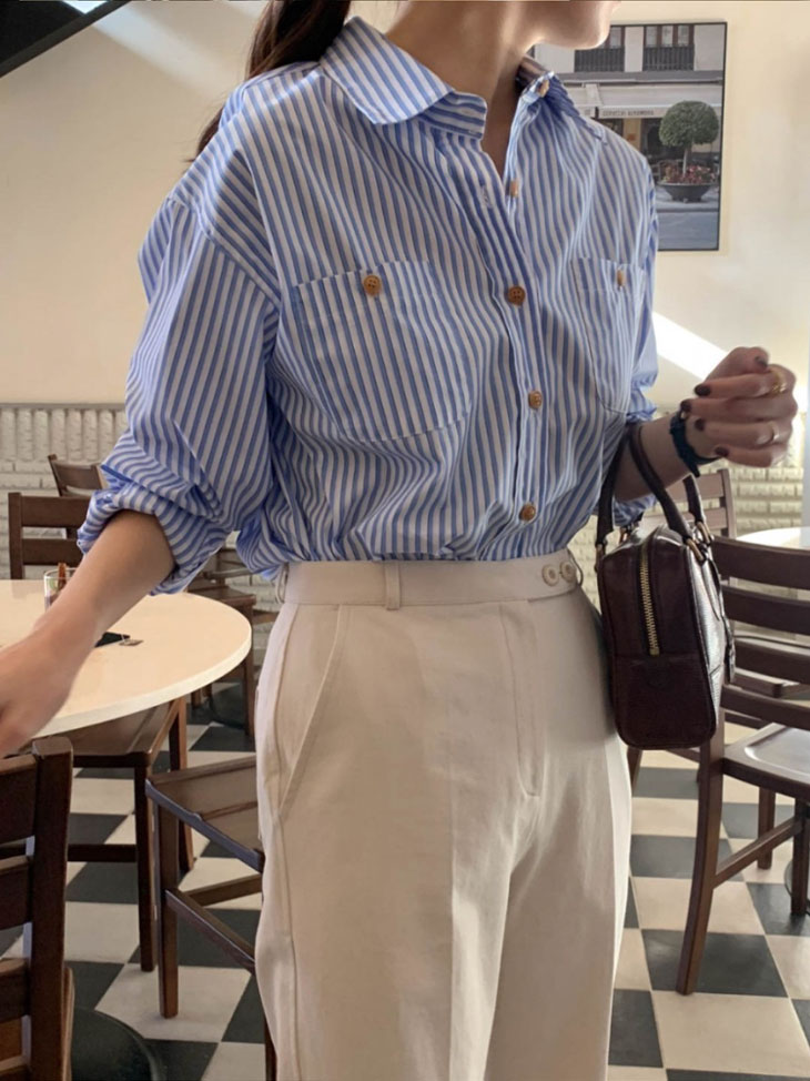 長袖 ストライプ シャツ レディース 春 秋 トップス 羽織り ライトアウター ボーイズライク シャツブラウス 開襟 開襟シャツ ブルー 青 カジュアル きれいめ シンプル 韓国ファッション 長袖 ストライプ シャツ レディース 春 秋 トップス 羽織り ライトアウター ボーイズライク シャツブラウス 開襟 開襟シャツ ブルー 青 カジュアル きれいめ シンプル 韓国ファッション