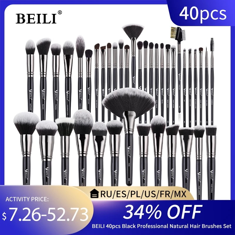 Beili-プロのメイクアップブラシセット 240個 贅沢な黒 天然毛 パウダーファンデーション アイシャドウ BX12