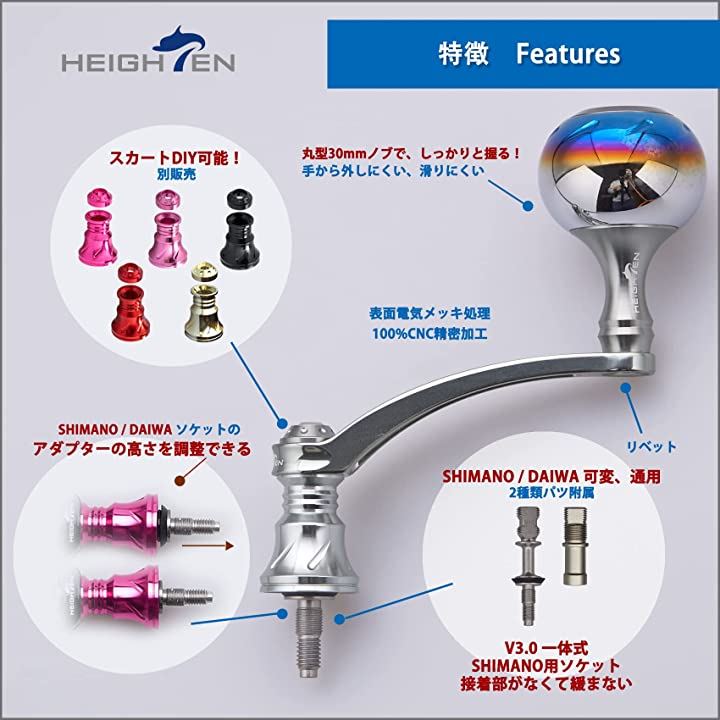 56mm リール ハンドル 30mmノブ搭載 シマノ SHIMANO ダイワ DAIWA 通用 スピニングリール Aurora 391( ガンメタル(ノブ)＆ガンメタル(ハンドル))