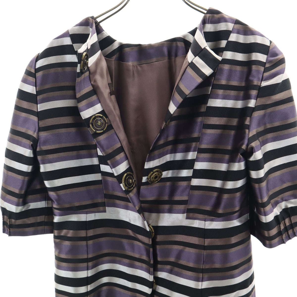 フランス製 シルクブレンド ボーダー柄 5分袖 ブラウス 38 パープル レディース 古着 フランス製 シルクブレンド ボーダー柄 5分袖 ブラウス 38 パープル レディース 古着