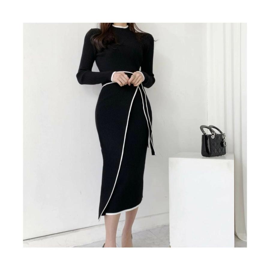 秋の新作 タイムセール 美ラインですらっと見せる！リボン付リブニットワンピース　膝下ワンピース　大人　シンプル　きれいめ　女性らしい　可愛い　タイトワンピース　韓国　ハイネッ 2枚購入で200円OFF