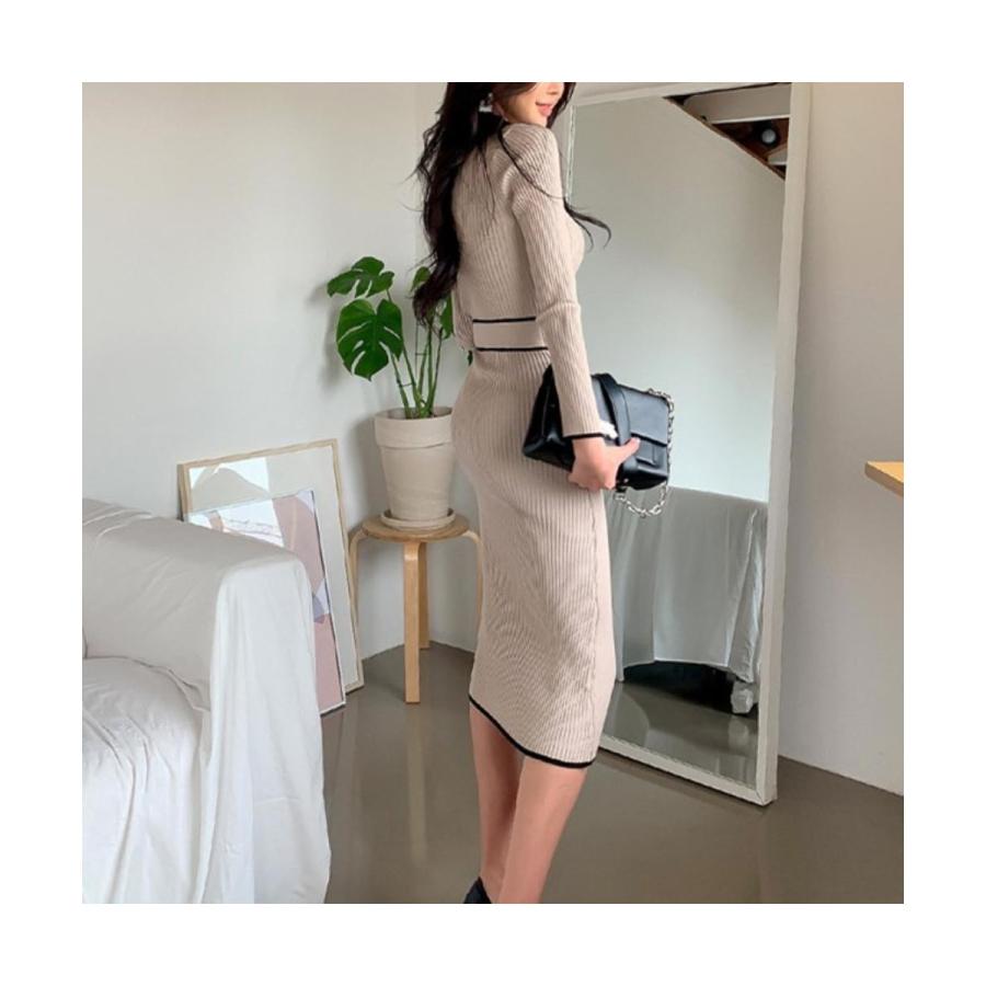 秋の新作 タイムセール 美ラインですらっと見せる！リボン付リブニットワンピース　膝下ワンピース　大人　シンプル　きれいめ　女性らしい　可愛い　タイトワンピース　韓国　ハイネッ 2枚購入で200円OFF