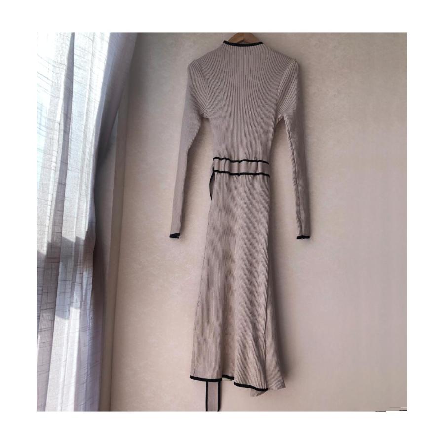 秋の新作 タイムセール 美ラインですらっと見せる！リボン付リブニットワンピース　膝下ワンピース　大人　シンプル　きれいめ　女性らしい　可愛い　タイトワンピース　韓国　ハイネッ 2枚購入で200円OFF