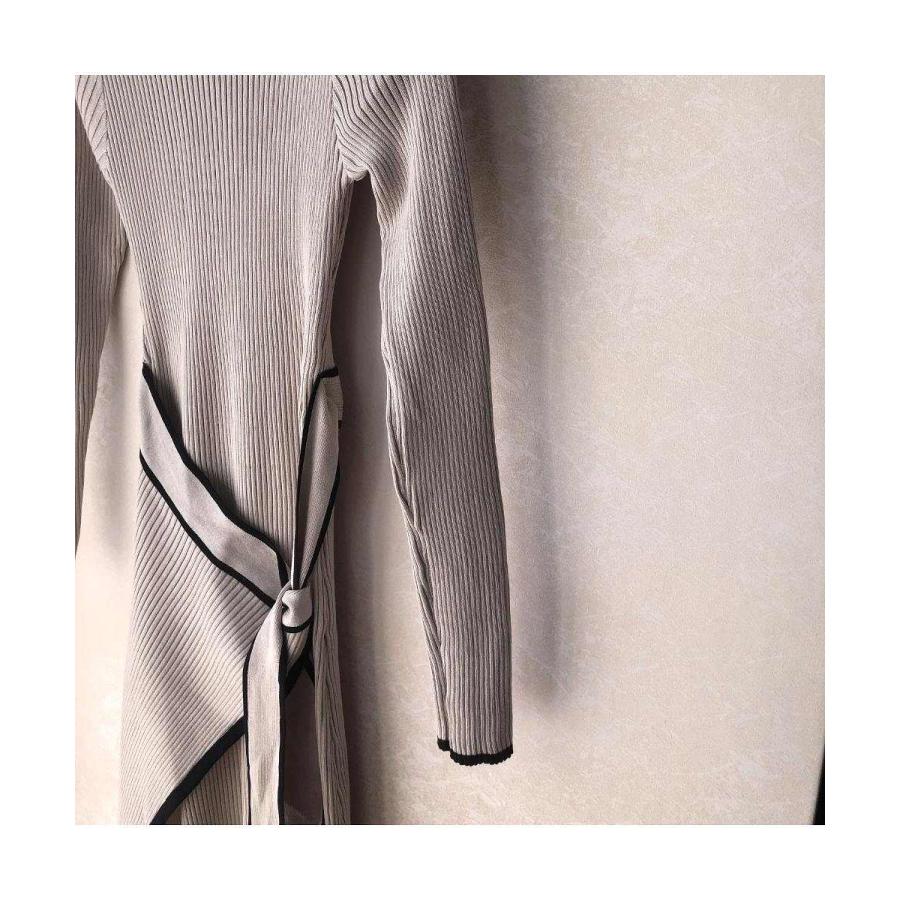 秋の新作 タイムセール 美ラインですらっと見せる！リボン付リブニットワンピース　膝下ワンピース　大人　シンプル　きれいめ　女性らしい　可愛い　タイトワンピース　韓国　ハイネッ 2枚購入で200円OFF