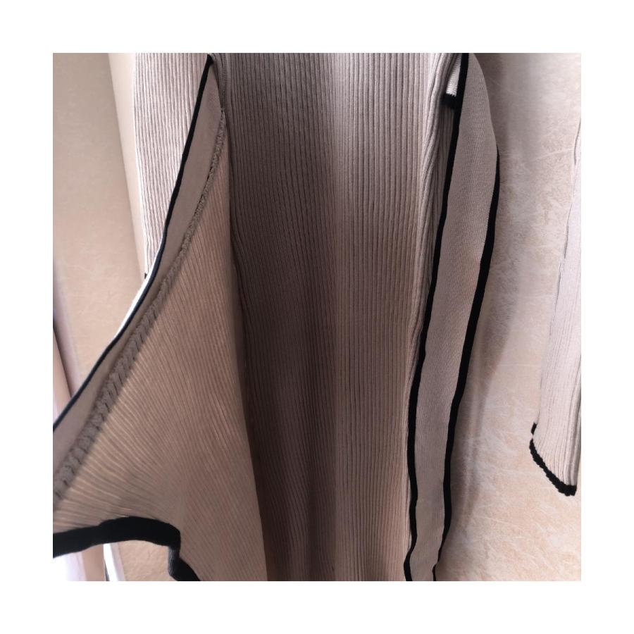 秋の新作 タイムセール 美ラインですらっと見せる！リボン付リブニットワンピース　膝下ワンピース　大人　シンプル　きれいめ　女性らしい　可愛い　タイトワンピース　韓国　ハイネッ 2枚購入で200円OFF