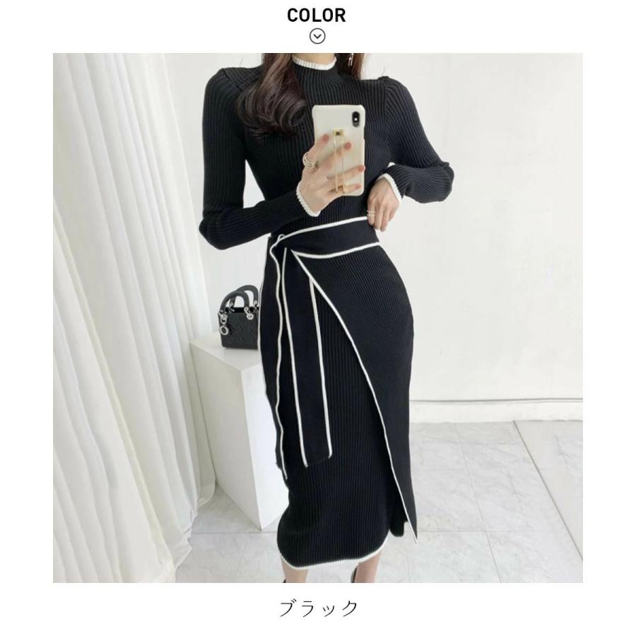 秋の新作 タイムセール 美ラインですらっと見せる！リボン付リブニットワンピース　膝下ワンピース　大人　シンプル　きれいめ　女性らしい　可愛い　タイトワンピース　韓国　ハイネッ 2枚購入で200円OFF