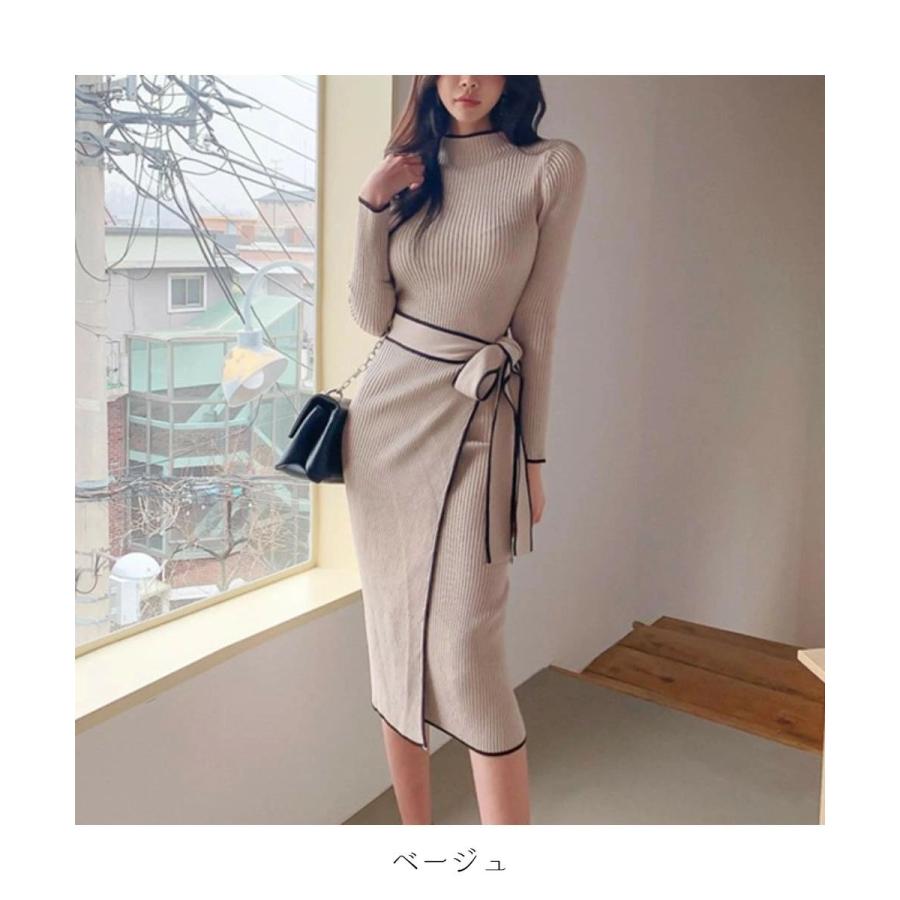 秋の新作 タイムセール 美ラインですらっと見せる！リボン付リブニットワンピース　膝下ワンピース　大人　シンプル　きれいめ　女性らしい　可愛い　タイトワンピース　韓国　ハイネッ 2枚購入で200円OFF