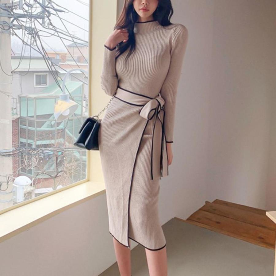 秋の新作 タイムセール 美ラインですらっと見せる！リボン付リブニットワンピース　膝下ワンピース　大人　シンプル　きれいめ　女性らしい　可愛い　タイトワンピース　韓国　ハイネッ 2枚購入で200円OFF