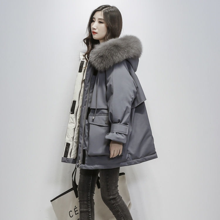 綿服の女性の中の長さの韓国版2024の新型ダウン綿服の女性はゆったりとした大きな襟の綿服のコートを厚くした