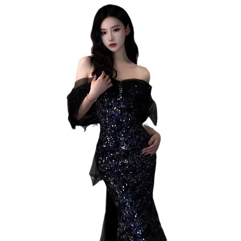 イブニングドレス2025ブラックホストワンショルダースパンコールテール痩身ロング卒業ドレス イブニングドレス2025ブラックホストワンショルダースパンコールテール痩身ロング卒業ドレス