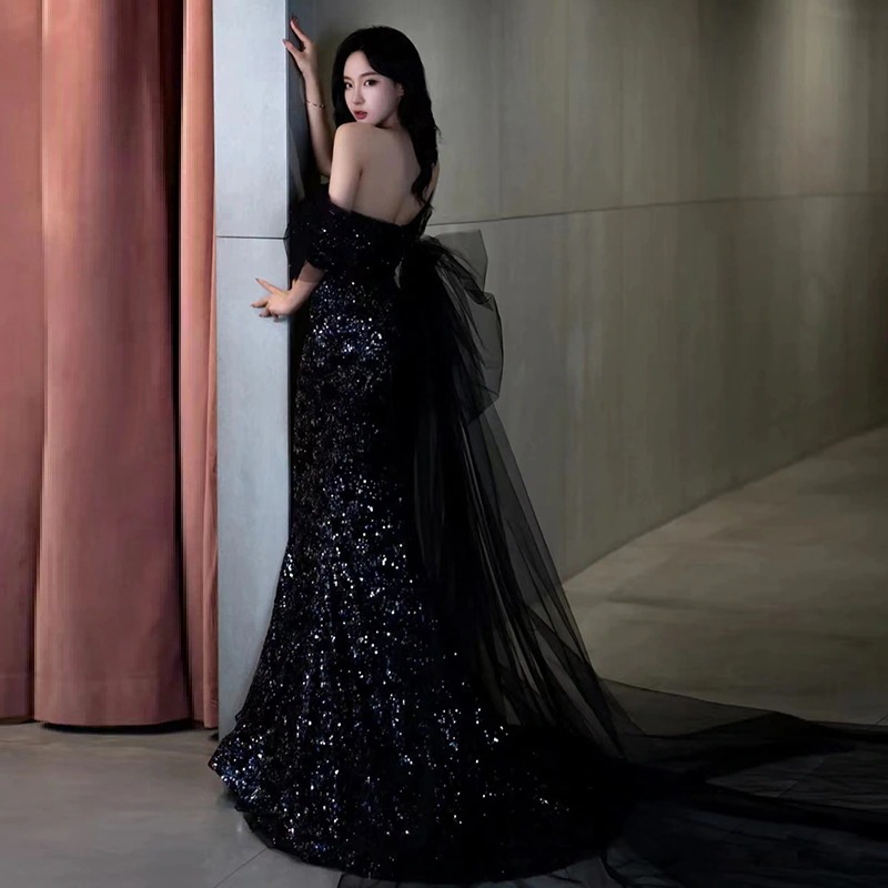 イブニングドレス2025ブラックホストワンショルダースパンコールテール痩身ロング卒業ドレス イブニングドレス2025ブラックホストワンショルダースパンコールテール痩身ロング卒業ドレス