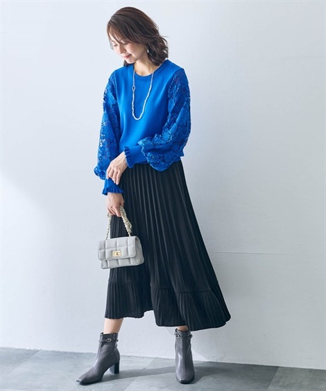 ニット 袖口フリルふんわり袖レースニット Hana服