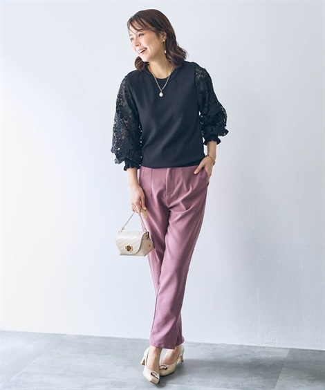 ニット 袖口フリルふんわり袖レースニット Hana服